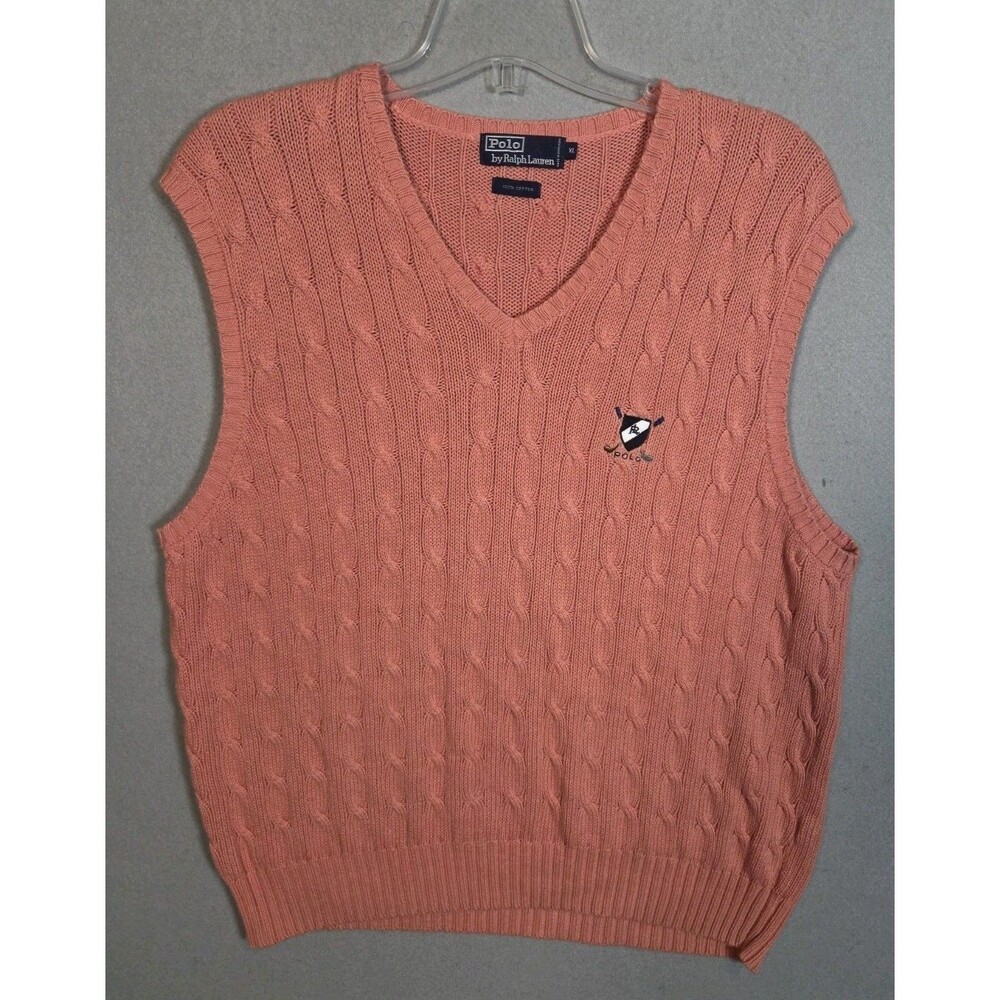 Vtg Polo Ralph Lauren Sweater Vest Mens XL Cable Knit Coral Pink Golf Cotton